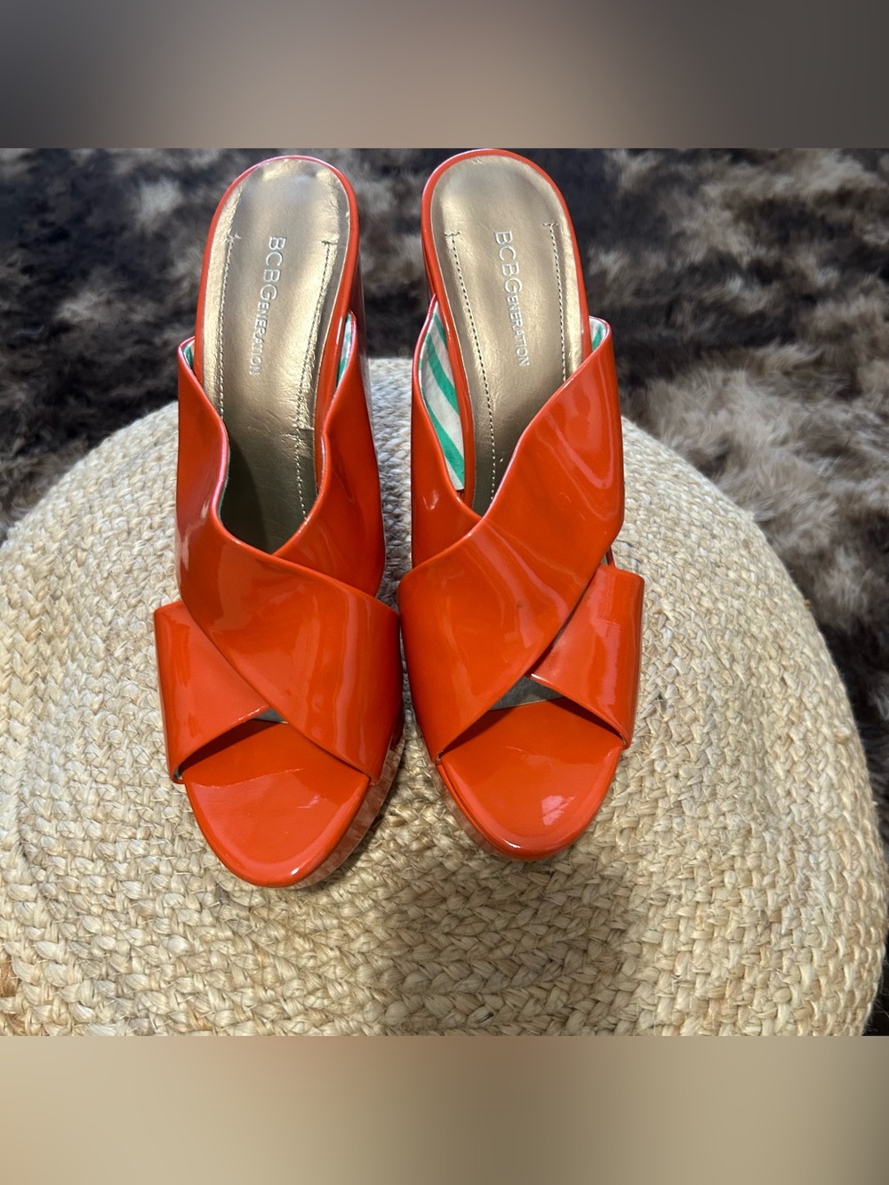 BCBG Orange Patent Wedge Sandals